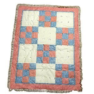 Vintage Handmade Patchwork Quilt With Lace Trim Pink Blue 45" X 35" Baby